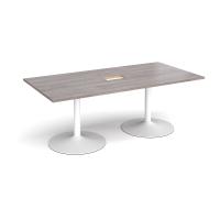 Trumpet base rectangular boardroom table 2000mm x 1000mm with central cutout 272mm x 132mm - white base, grey oak top