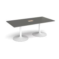 Trumpet base rectangular boardroom table 2000mm x 1000mm with central cutout 272mm x 132mm - white base, onyx grey top