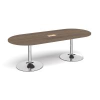 Trumpet base radial end boardroom table 2400mm x 1000mm with central cutout 272mm x 132mm - chrome base, Barcelona walnut top