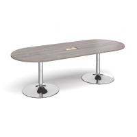 Trumpet base radial end boardroom table 2400mm x 1000mm with central cutout 272mm x 132mm - chrome base, grey oak top