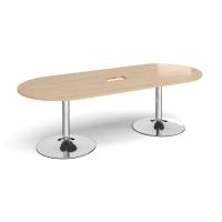 Trumpet base radial end boardroom table 2400mm x 1000mm with central cutout 272mm x 132mm - chrome base, kendal oak top
