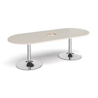 Trumpet base radial end boardroom table 2400mm x 1000mm with central cutout 272mm x 132mm - chrome base, light grey top