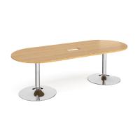 Trumpet base radial end boardroom table 2400mm x 1000mm with central cutout 272mm x 132mm - chrome base, oak top