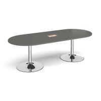 Trumpet base radial end boardroom table 2400mm x 1000mm with central cutout 272mm x 132mm - chrome base, onyx grey top
