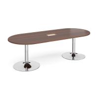 Trumpet base radial end boardroom table 2400mm x 1000mm with central cutout 272mm x 132mm - chrome base, walnut top