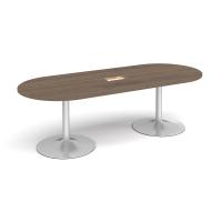 Trumpet base radial end boardroom table 2400mm x 1000mm with central cutout 272mm x 132mm - silver base, Barcelona walnut top