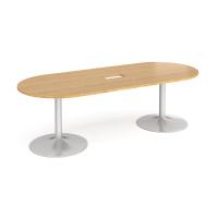 Trumpet base radial end boardroom table 2400mm x 1000mm with central cutout 272mm x 132mm - silver base, oak top