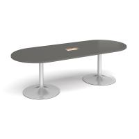 Trumpet base radial end boardroom table 2400mm x 1000mm with central cutout 272mm x 132mm - silver base, onyx grey top