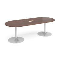 Trumpet base radial end boardroom table 2400mm x 1000mm with central cutout 272mm x 132mm - silver base, walnut top