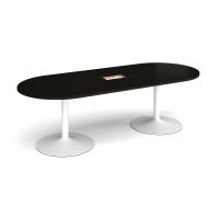 Trumpet base radial end boardroom table 2400mm x 1000mm with central cutout 272mm x 132mm - white base, black top
