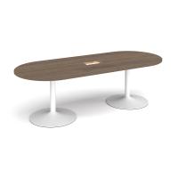 Trumpet base radial end boardroom table 2400mm x 1000mm with central cutout 272mm x 132mm - white base, Barcelona walnut top