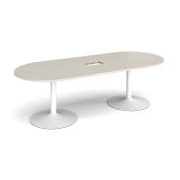 Trumpet base radial end boardroom table 2400mm x 1000mm with central cutout 272mm x 132mm - white base, light grey top