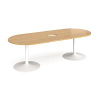 Trumpet base radial end boardroom table 2400mm x 1000mm with central cutout 272mm x 132mm - white base, oak top