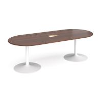 Trumpet base radial end boardroom table 2400mm x 1000mm with central cutout 272mm x 132mm - white base, walnut top