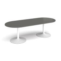 Trumpet base radial end boardroom table 2400mm x 1000mm - white base, onyx grey top