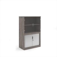 Systems combination unit with tambour doors and glass upper doors 1600mm high with 2 shelves - Grey Oak