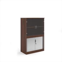 Systems combination unit with tambour doors and glass upper doors 1600mm high with 2 shelves - Walnut