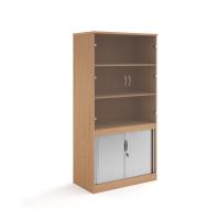 Systems combination unit with tambour doors and glass upper doors 2000mm high with 2 shelves - beech
