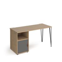 Tikal straight desk 1400mm x 600mm with hairpin leg and support pedestal with cupboard door - black legs, oak finish with grey door
