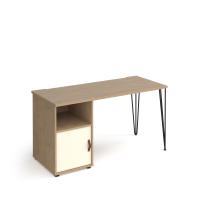 Tikal straight desk 1400mm x 600mm with hairpin leg and support pedestal with cupboard door - black legs, oak finish with white door