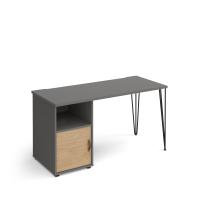 Tikal straight desk 1400mm x 600mm with hairpin leg and support pedestal with cupboard door - black legs, grey finish with oak door