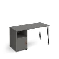 Tikal straight desk 1400mm x 600mm with hairpin leg and support pedestal with cupboard door - black legs, grey finish with grey door