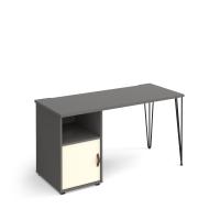 Tikal straight desk 1400mm x 600mm with hairpin leg and support pedestal with cupboard door - black legs, grey finish with white door