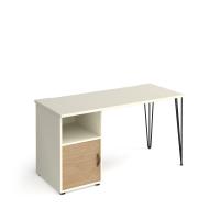 Tikal straight desk 1400mm x 600mm with hairpin leg and support pedestal with cupboard door - black legs, white finish with oak door