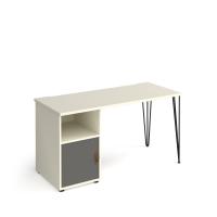 Tikal straight desk 1400mm x 600mm with hairpin leg and support pedestal with cupboard door - black legs, white finish with grey door