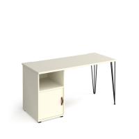Tikal straight desk 1400mm x 600mm with hairpin leg and support pedestal with cupboard door - black legs, white finish with white door