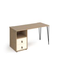 Tikal straight desk 1400mm x 600mm with hairpin leg and support pedestal with drawers - black legs, oak finish with white drawers