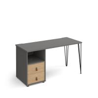Tikal straight desk 1400mm x 600mm with hairpin leg and support pedestal with drawers - black legs, grey finish with oak drawers