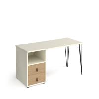 Tikal straight desk 1400mm x 600mm with hairpin leg and support pedestal with drawers - black legs, white finish with oak drawers
