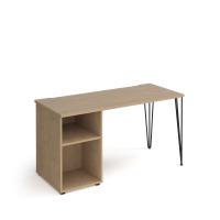 Tikal straight desk 1400mm x 600mm with hairpin leg and support pedestal - black legs, oak top