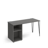 Tikal straight desk 1400mm x 600mm with hairpin leg and support pedestal - black legs, grey top