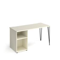 Tikal straight desk 1400mm x 600mm with hairpin leg and support pedestal - black legs, white top