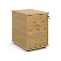 Tall mobile 3 drawer pedestal with silver handles 600mm deep - oak