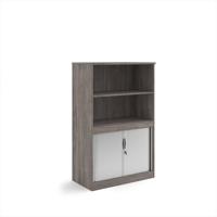 Systems combination unit with tambour doors and open top 1600mm high with 2 shelves - Grey Oak