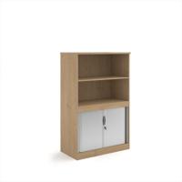 Systems combination unit with tambour doors and open top 1600mm high with 2 shelves - Kendal Oak