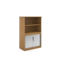 Systems combination unit with tambour doors and open top 1600mm high with 2 shelves - oak