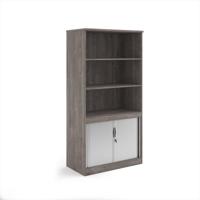 Systems combination unit with tambour doors and open top 2000mm high with 2 shelves - Grey Oak