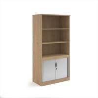 Systems combination unit with tambour doors and open top 2000mm high with 2 shelves - Kendal Oak