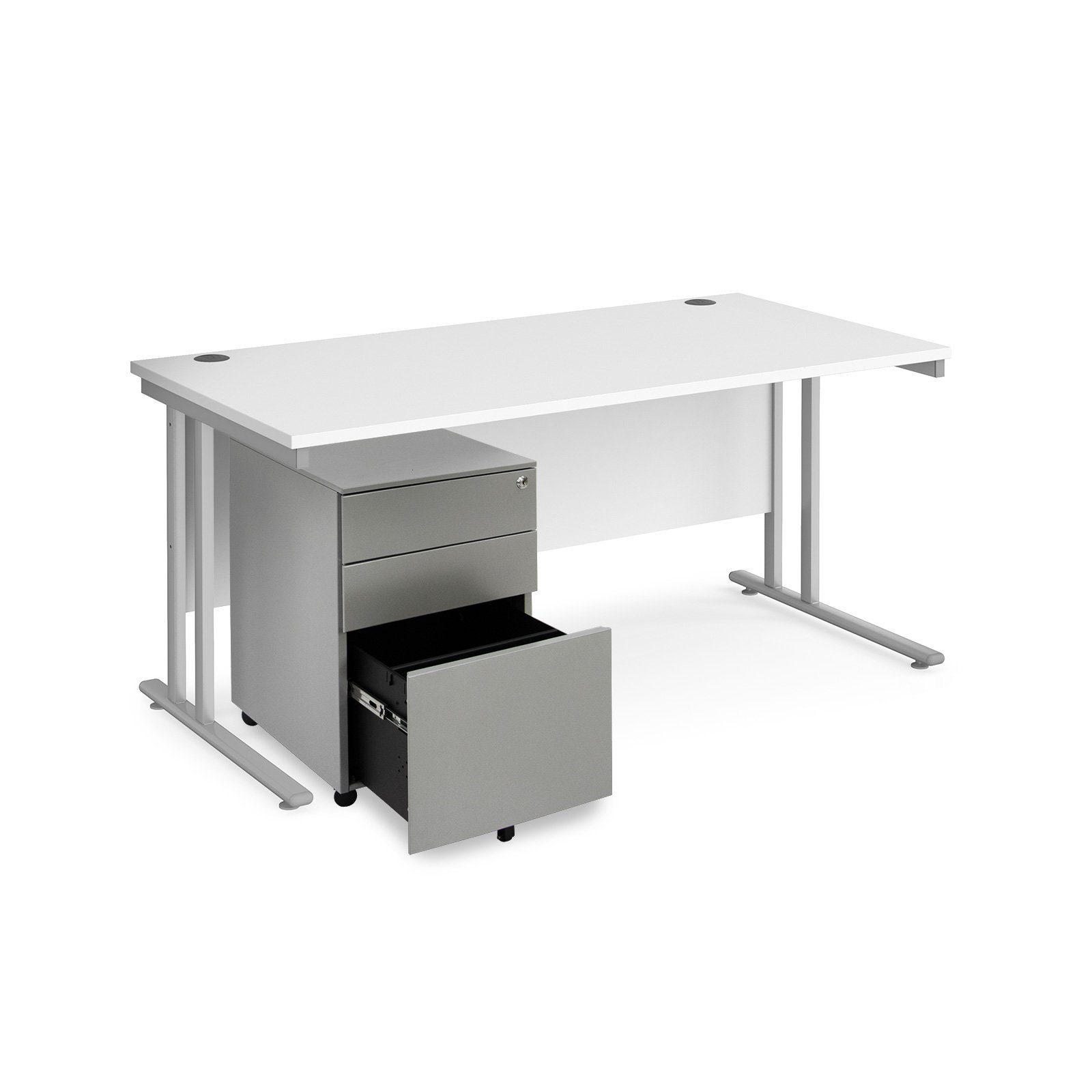 Maestro 25 bundle straight 1600 desk, silver leg frame and silver steel ped - White
