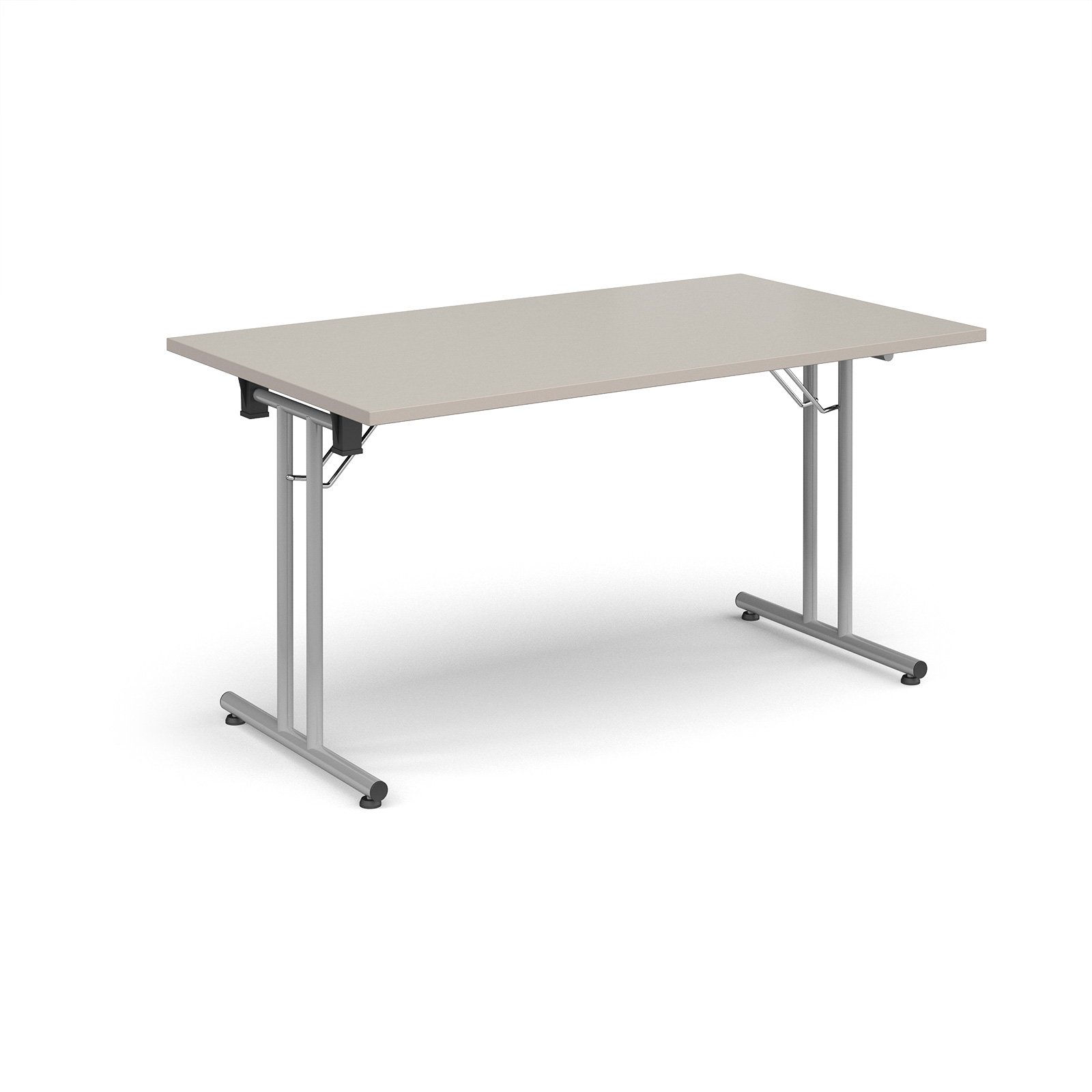 Rectangular folding leg table with silver legs and straight foot rails 1400mm x 800mm - Light Grey