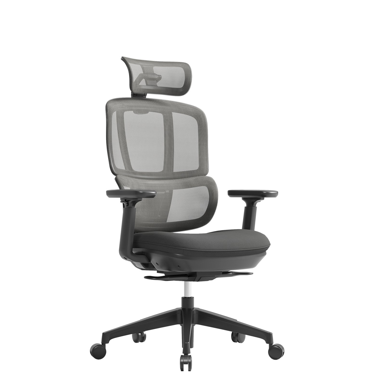 Shelby black mesh back operator chair with headrest and black fabric seat