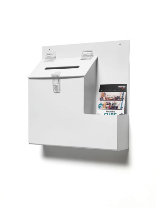 Deflecto Suggestion Box (140 x 13mm Drop Slot) With Built In 105mm Wide Leaflet Holder 355 x 360 x 90mm White - 79803