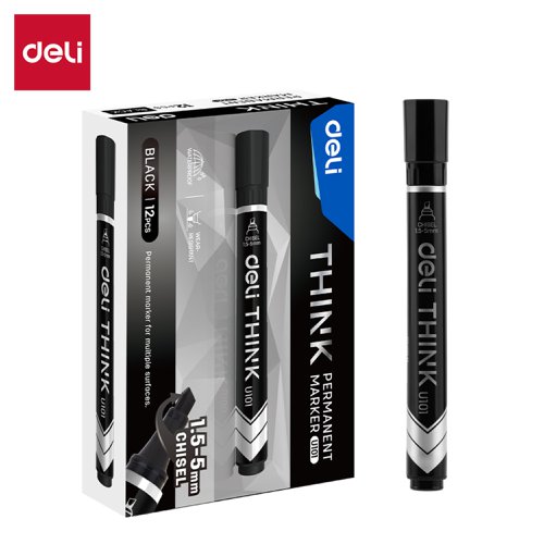 Deli Think Permanent Marker Chisel Tipped Black Bx12