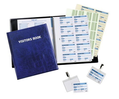 Durable Visitor Book 100  Blue Leather Look Front Cover  Includes 100 Perforated 90x60 mm Visitor Badge Inserts 146365
