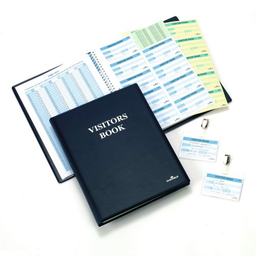 Durable Visitor Book 300 Blue Leather Look Front Cover Includes 300 Perforated 90x60 mm Visitor Badge Inserts 146500