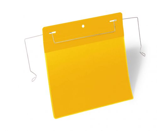 Durable Document Pocket with Wire Hanger A5 Landscape Yellow Pack of 50